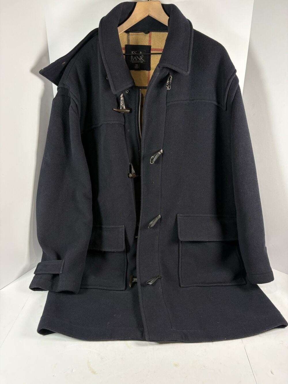 Jos A Bank Mens XXL Navy Wool Blend Duffle Coat Plaid Lined Toggle Hooded 2XL